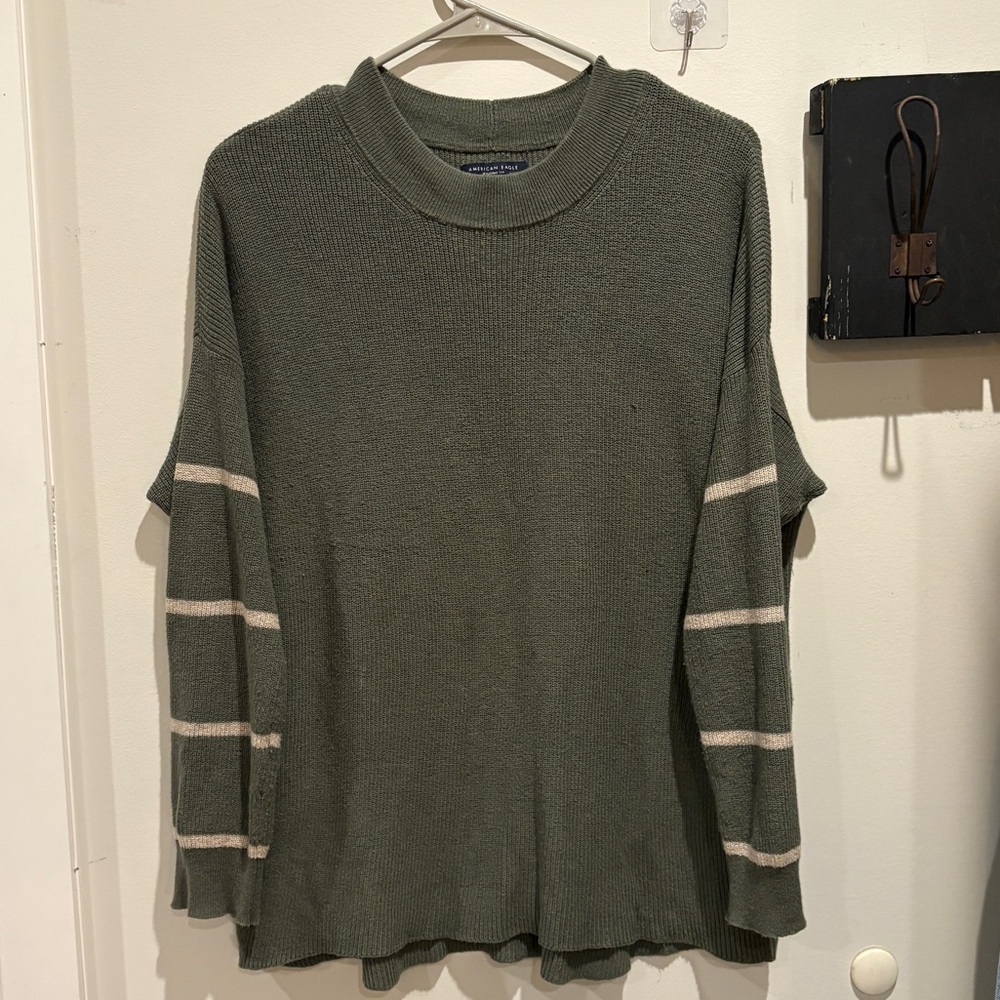 American Eagle Outfitters Green Sweater with Cream Stripes